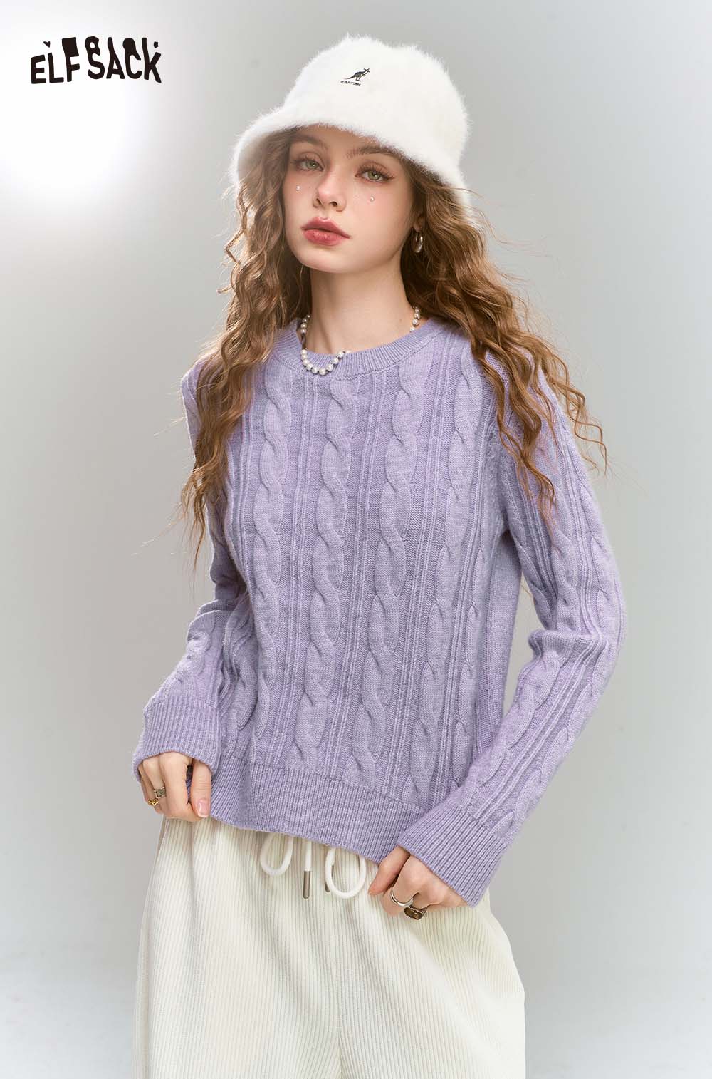 ELFSACK Minimalist Vintage Solid Cropped Cable Pullover Sweater