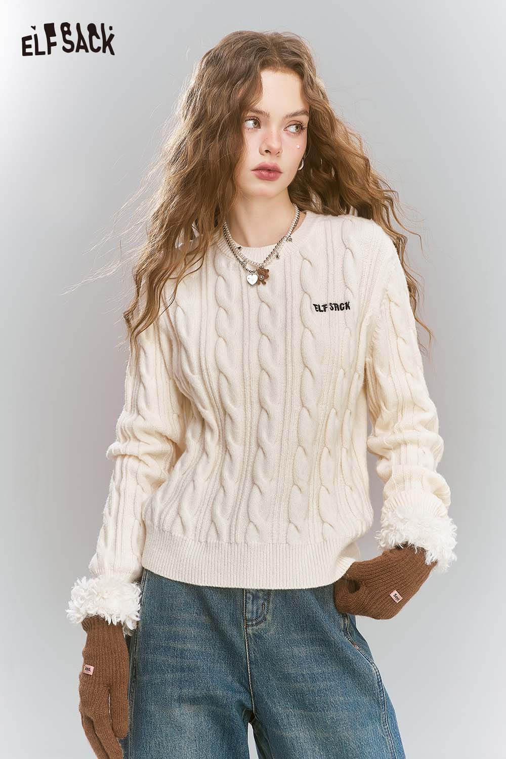 ELFSACK Minimalist Vintage Solid Cropped Cable Pullover Sweater
