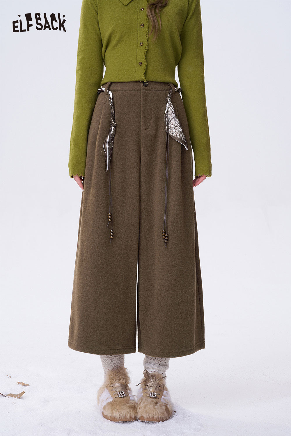 ELFSACK Minimalist Casual Solid Decorative Belt Wide Leg Cropped Pants