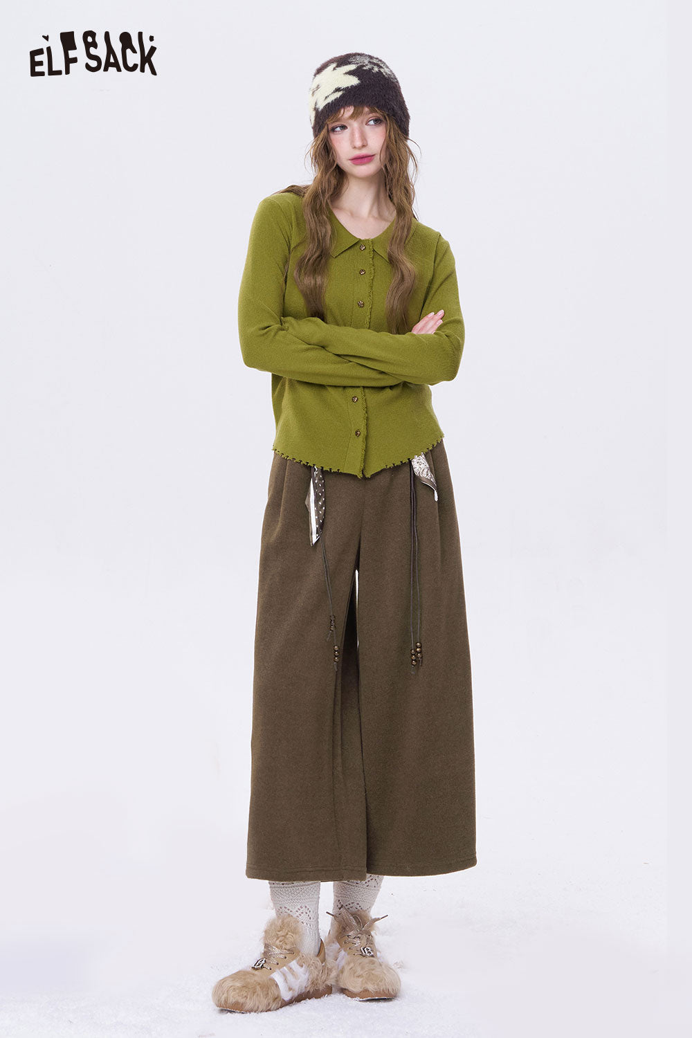 ELFSACK Minimalist Casual Solid Decorative Belt Wide Leg Cropped Pants