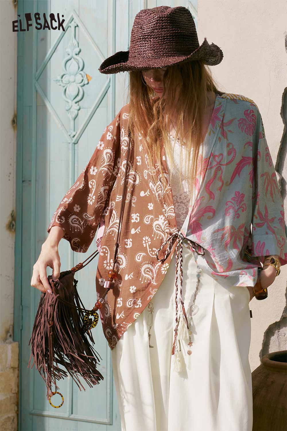 ELFSACK Mixed Print Patchwork V Neck Shirt
