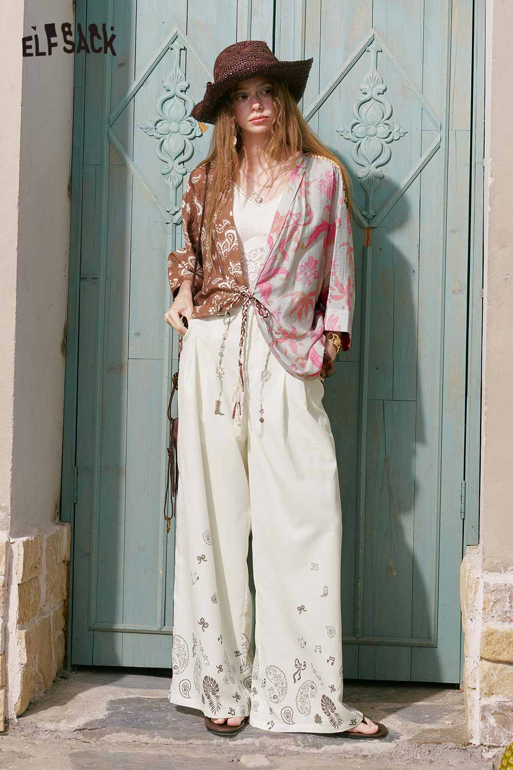 ELFSACK Mixed Print Patchwork V Neck Shirt