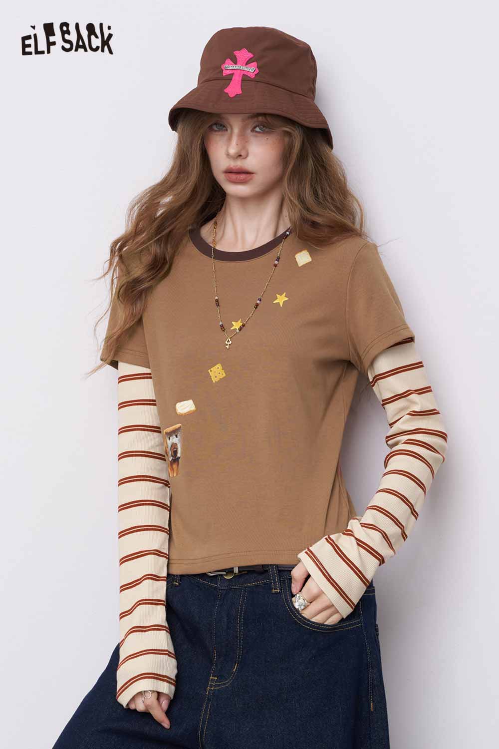 ELFSACK Slim-Fit Stripe Patchwork Top with a Regular Shoulder