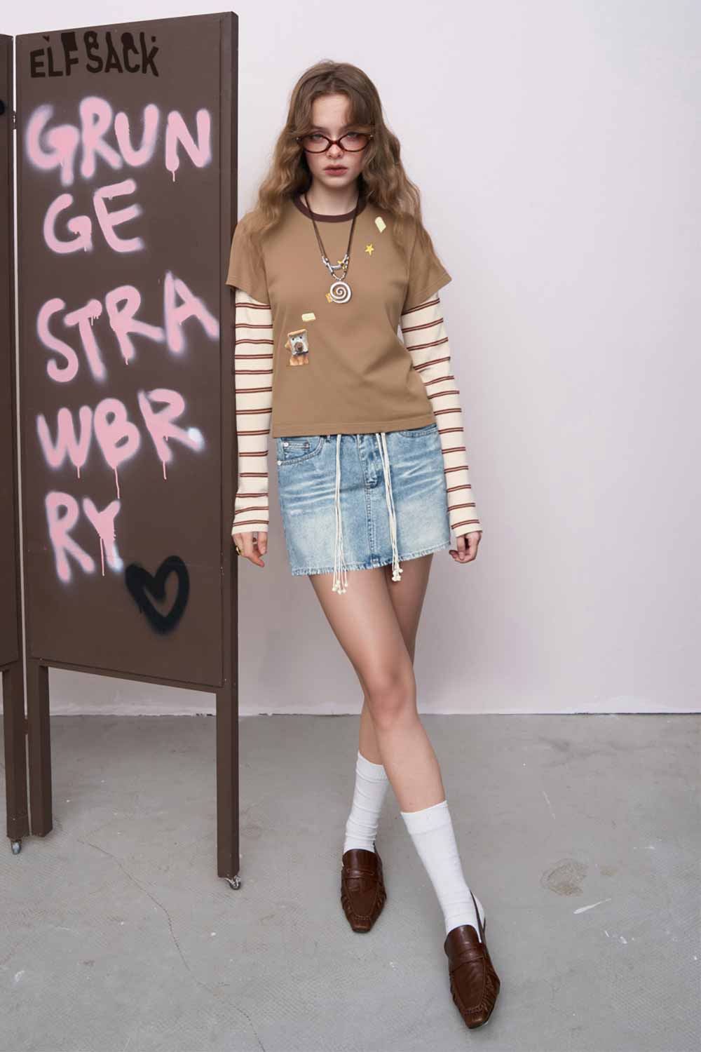 ELFSACK Slim-Fit Stripe Patchwork Top with a Regular Shoulder