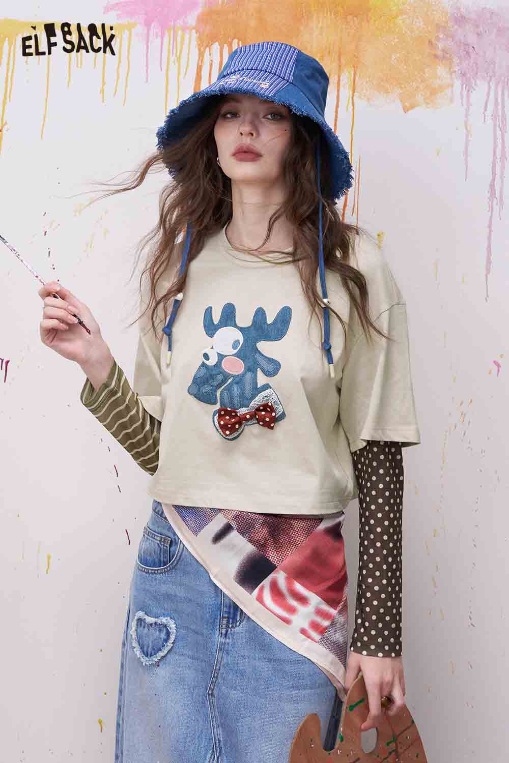 ELFSACK Moose Applique Fake Two-Piece Top