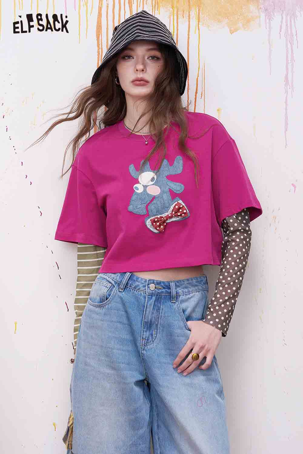 ELFSACK Moose Applique Fake Two-Piece Top