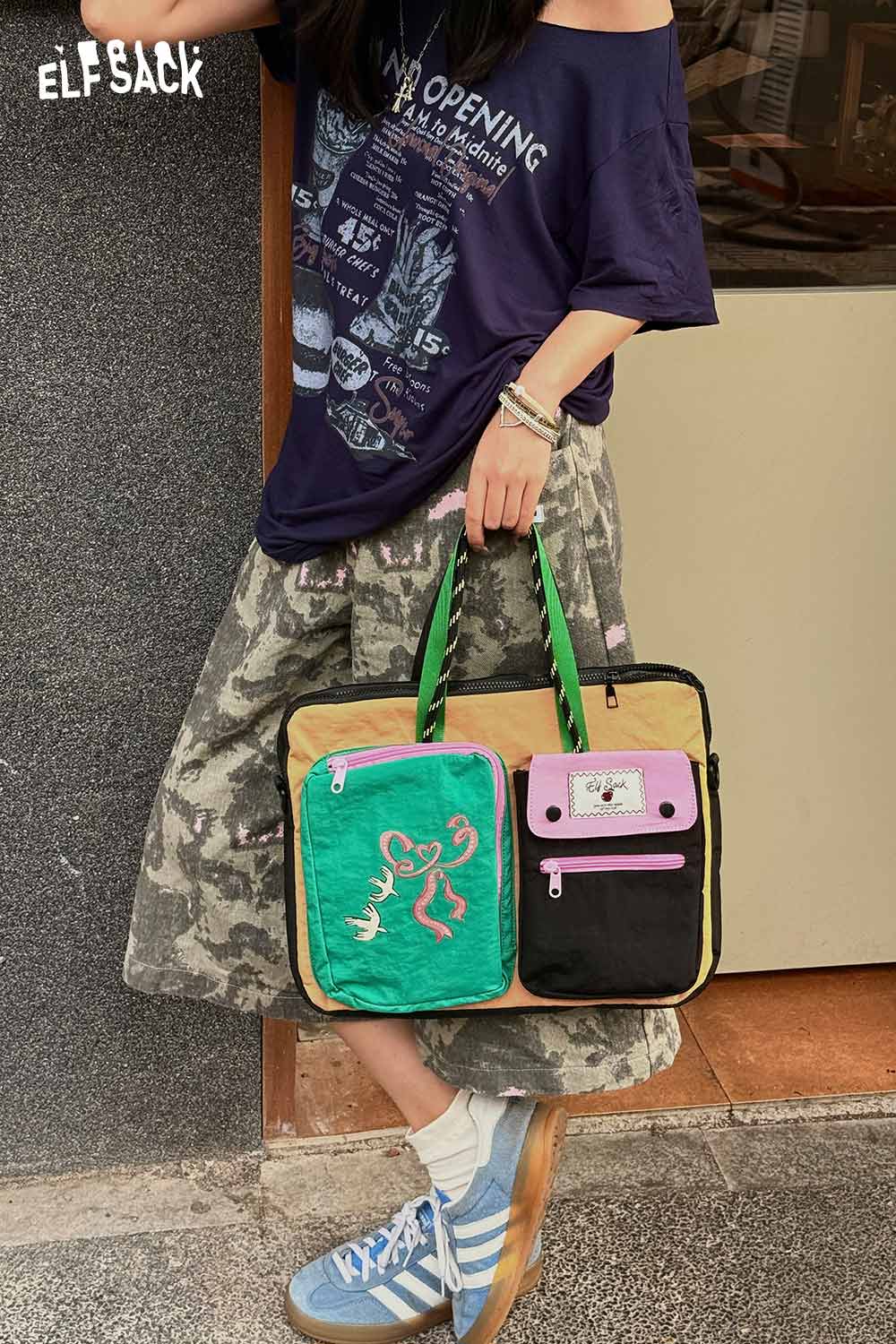 ELFSACK Multi?Pocket Cartoon Print Laptop Bag