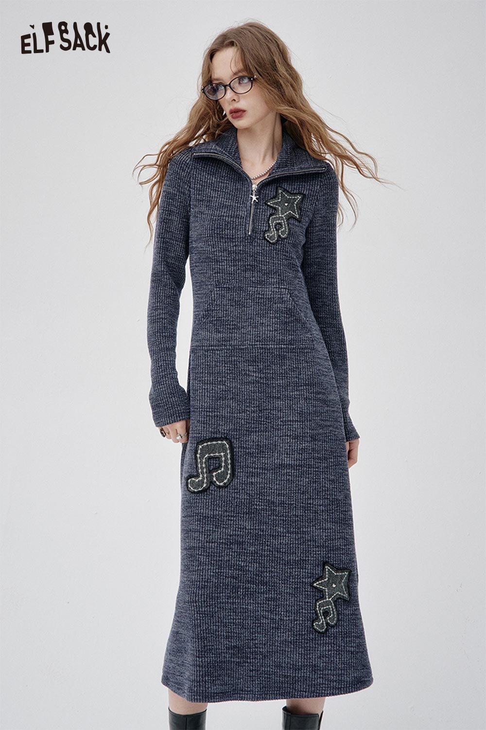 ELFSACK Soft Lapel Collar Musical Note Embroidery Knit Sheath Dress