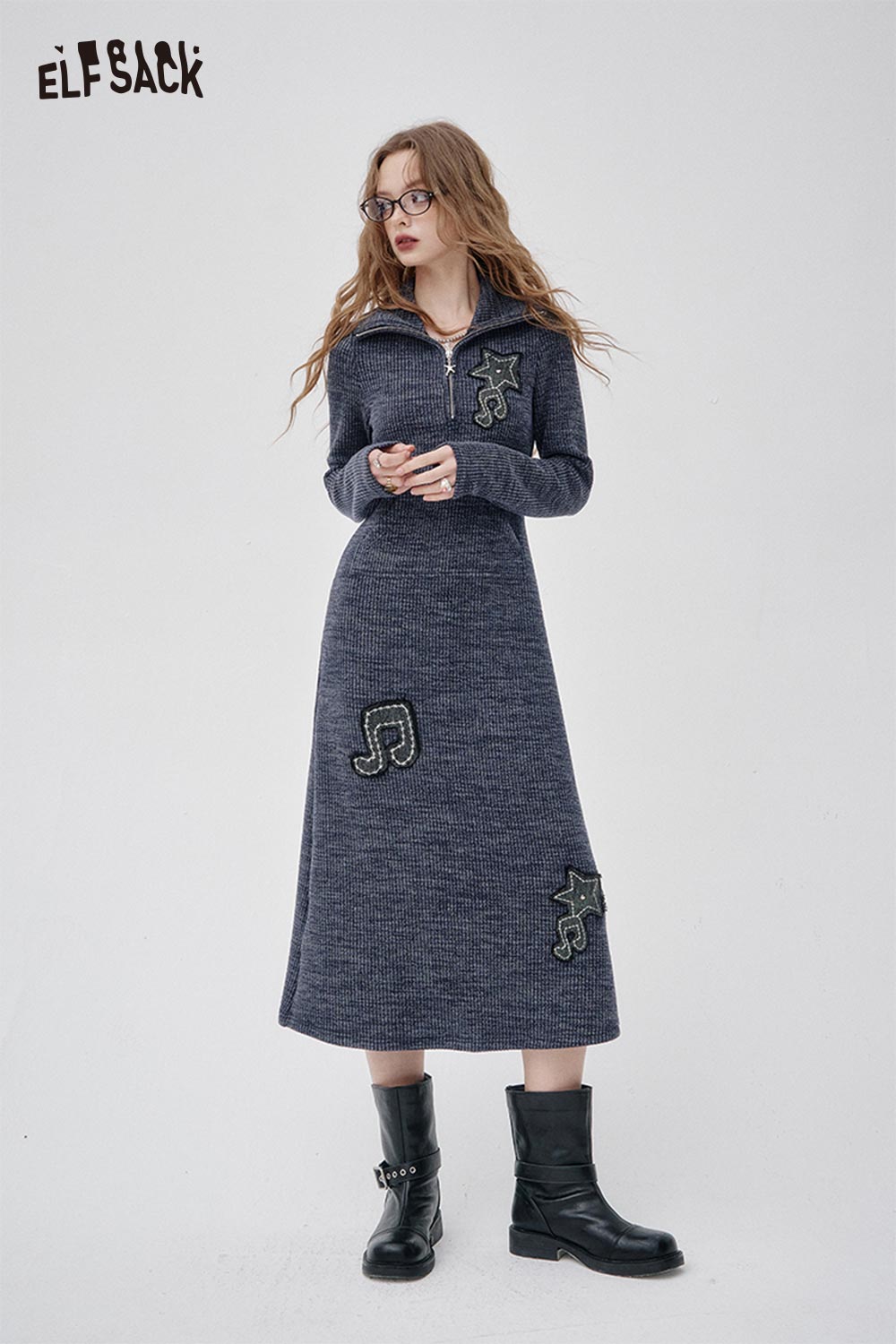 ELFSACK Soft Lapel Collar Musical Note Embroidery Knit Sheath Dress