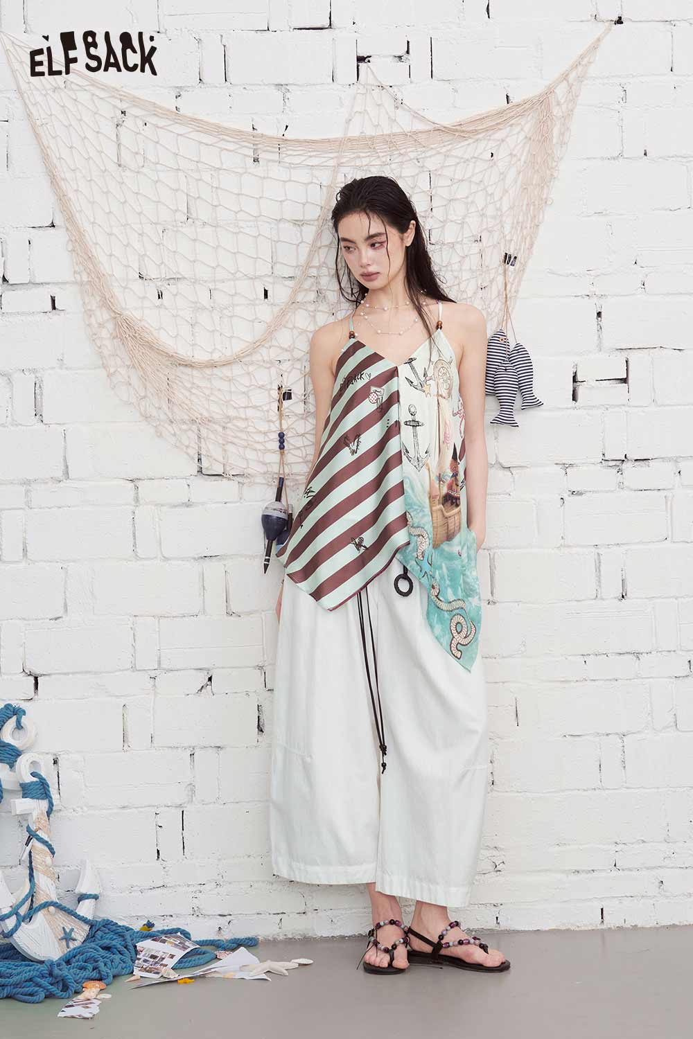 ELFSACK Nautical Print Asymmetrical Chiffon Cami