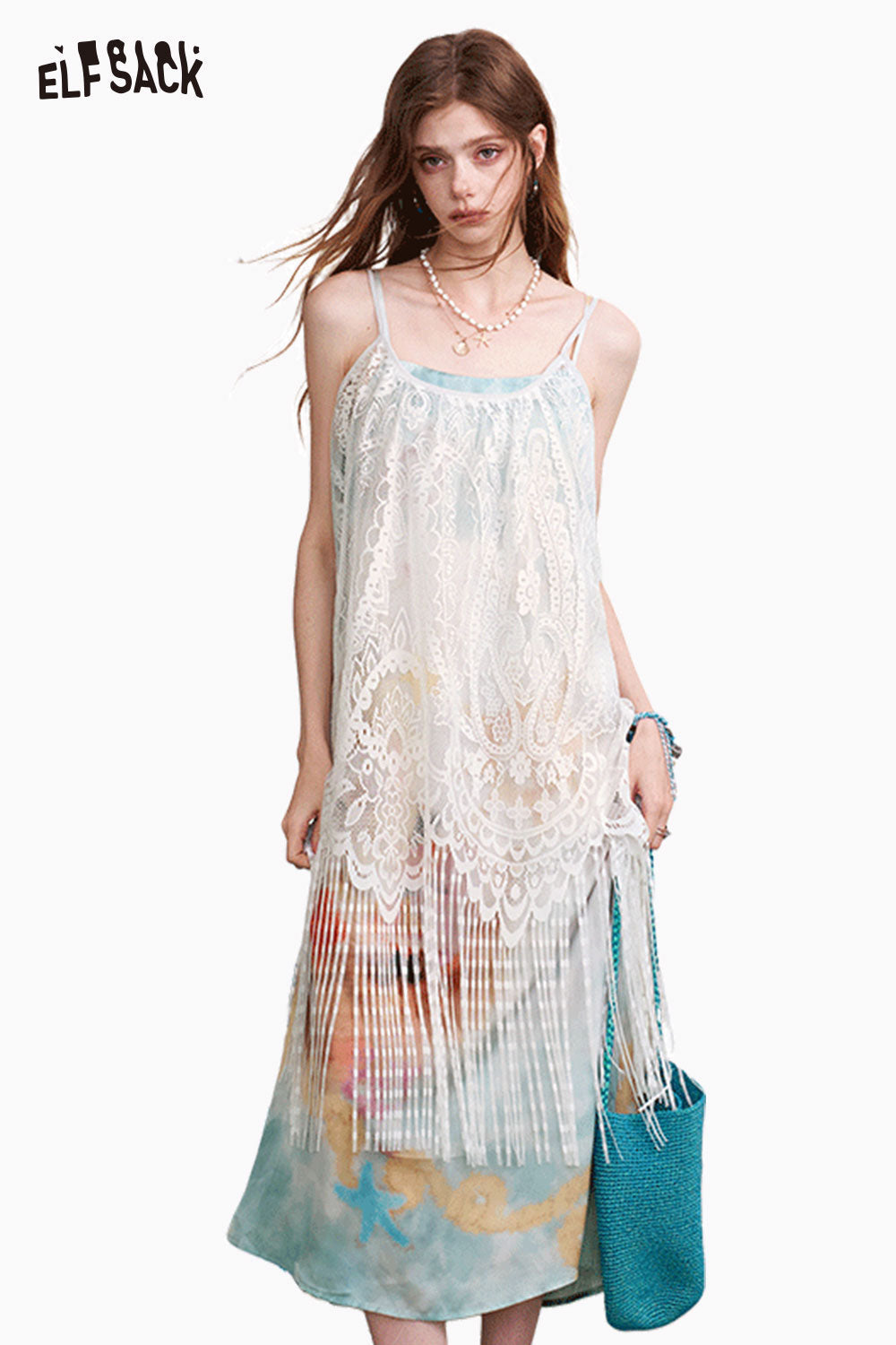 ELFSACK Nautical Print Double-Layer Mesh Cami Maxi Dress
