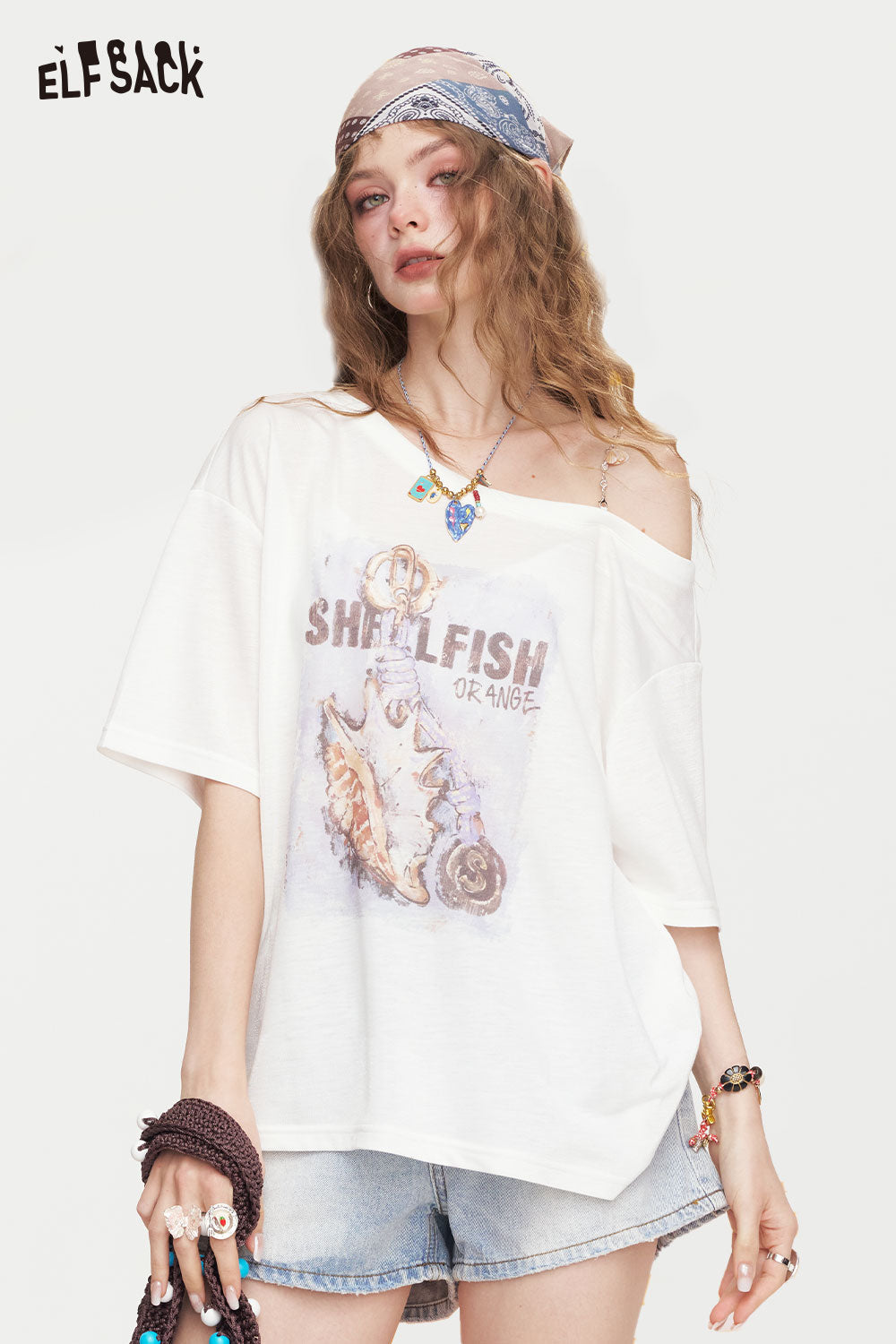 ELFSACK Nautical Shell Print Off Shoulder Tee