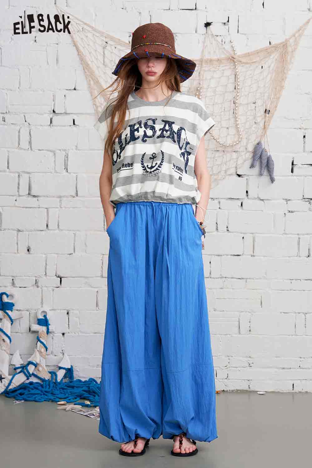 ELFSACK Nautical Stripe Cropped Elastic Hem Top