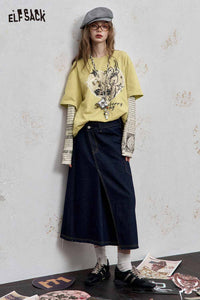 ELFSACK Cotton Blend Allover Newsprint Graphic Drop Shoulder Layered Look Tee