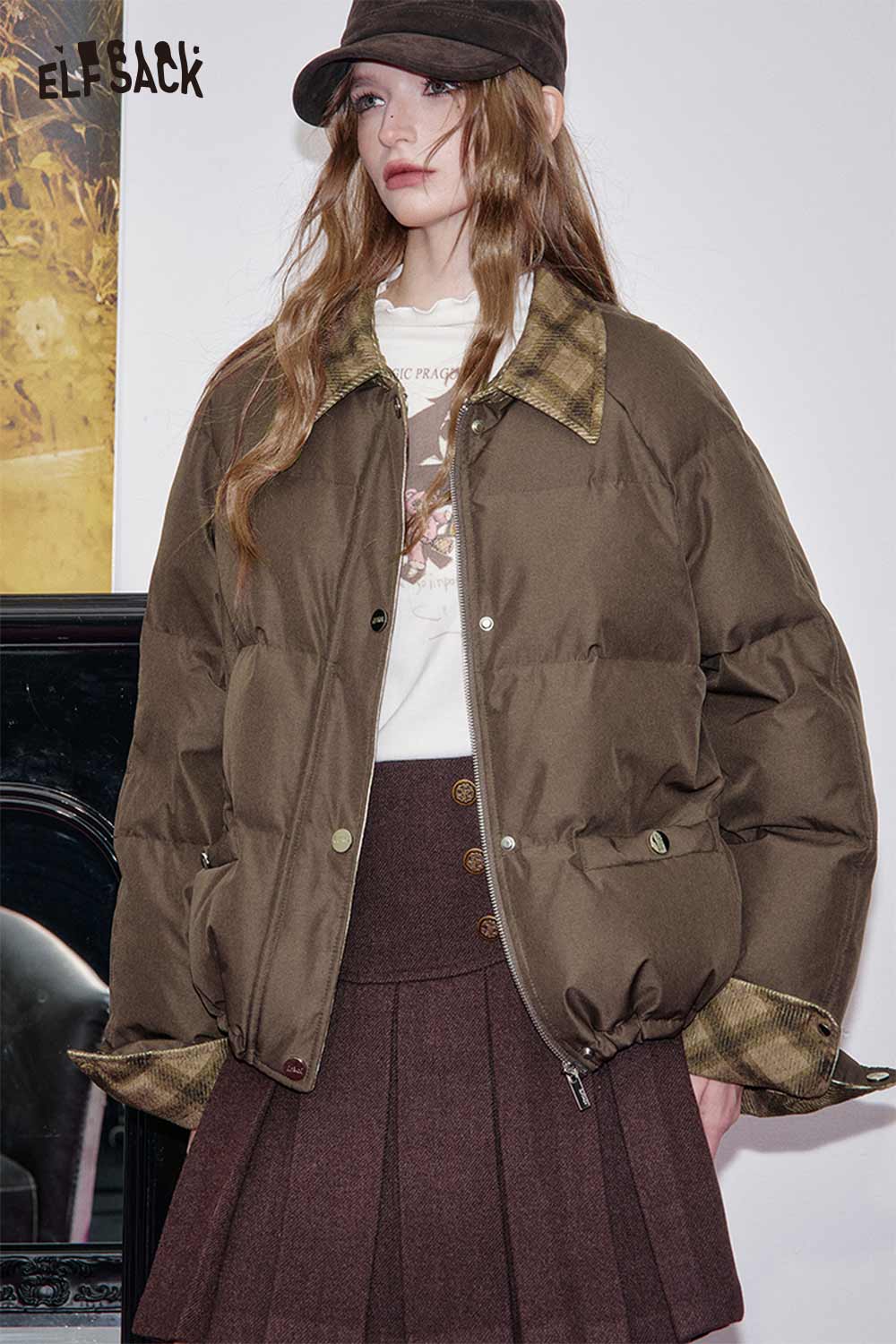 ELFSACK Nylon Fabric Oversized Plaid Panel Design Quilted Down Jacket