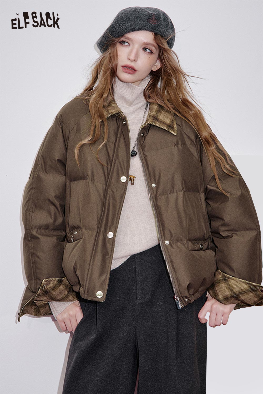 ELFSACK Nylon Fabric Oversized Plaid Panel Design Quilted Down Jacket