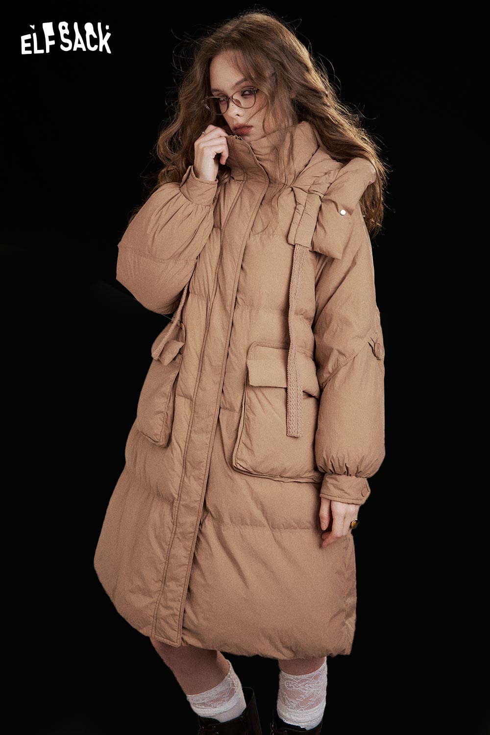 ELFSACK Nylon Long Hooded Oversize Solid Color Down Coat