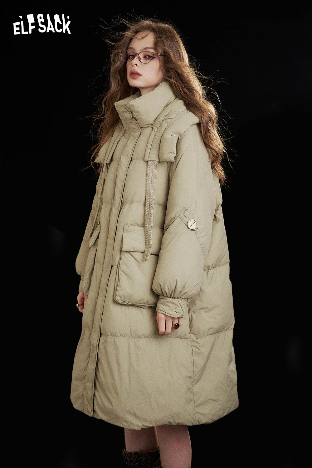 ELFSACK Nylon Long Hooded Oversize Solid Color Down Coat