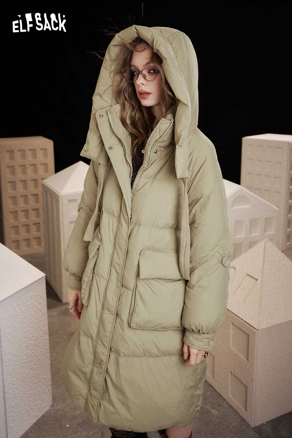 ELFSACK Nylon Long Hooded Oversize Solid Color Down Coat