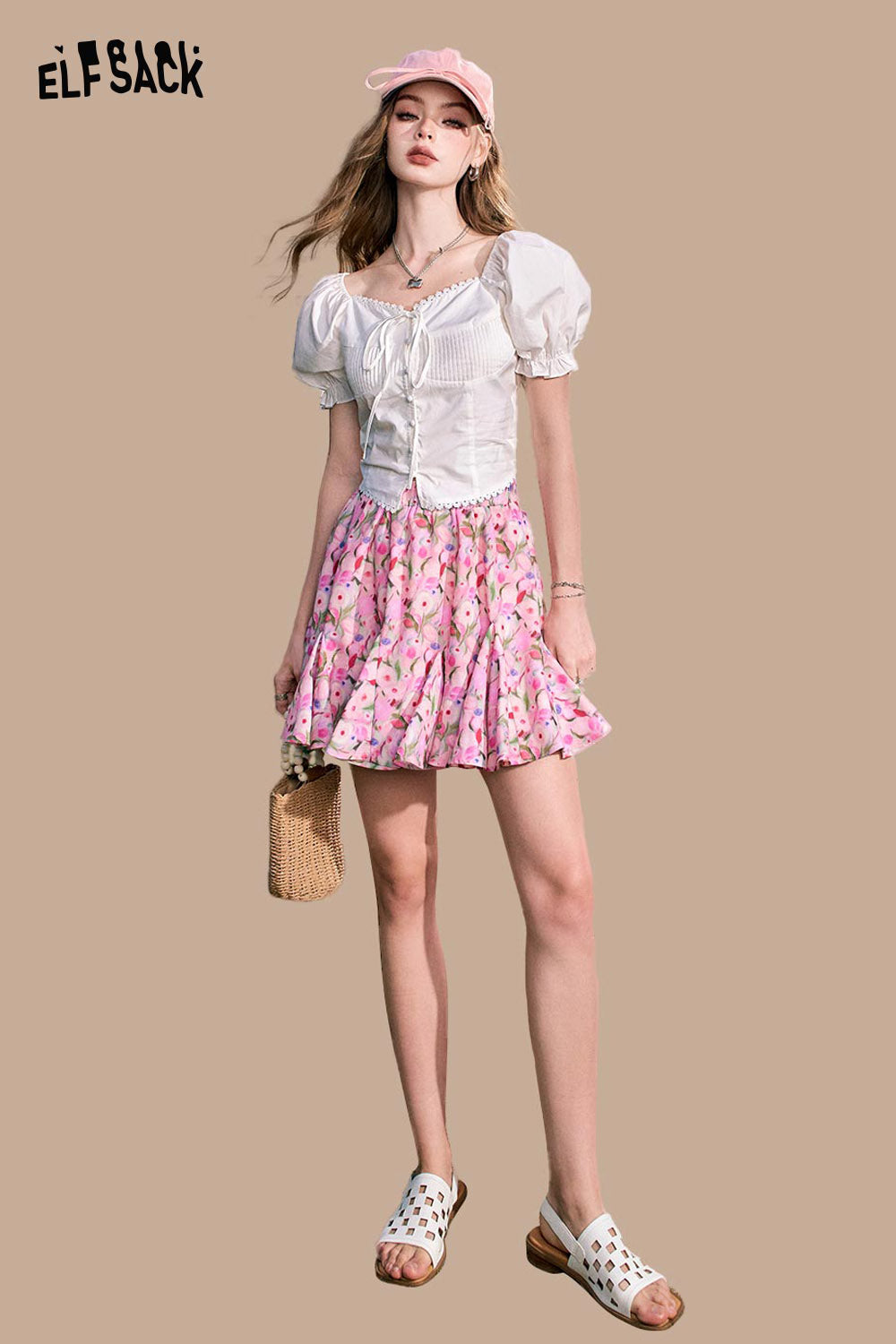 ELFSACK Oil Painting Floral High-Waist A-Line Skirt Print Sweet Temperament Short Skirt