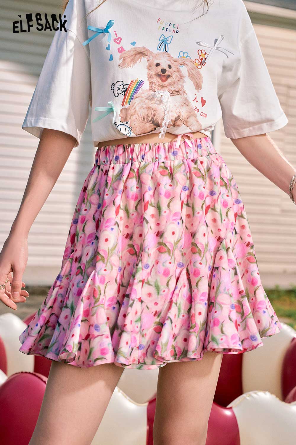 ELFSACK Oil Painting Floral High-Waist A-Line Skirt Print Sweet Temperament Short Skirt