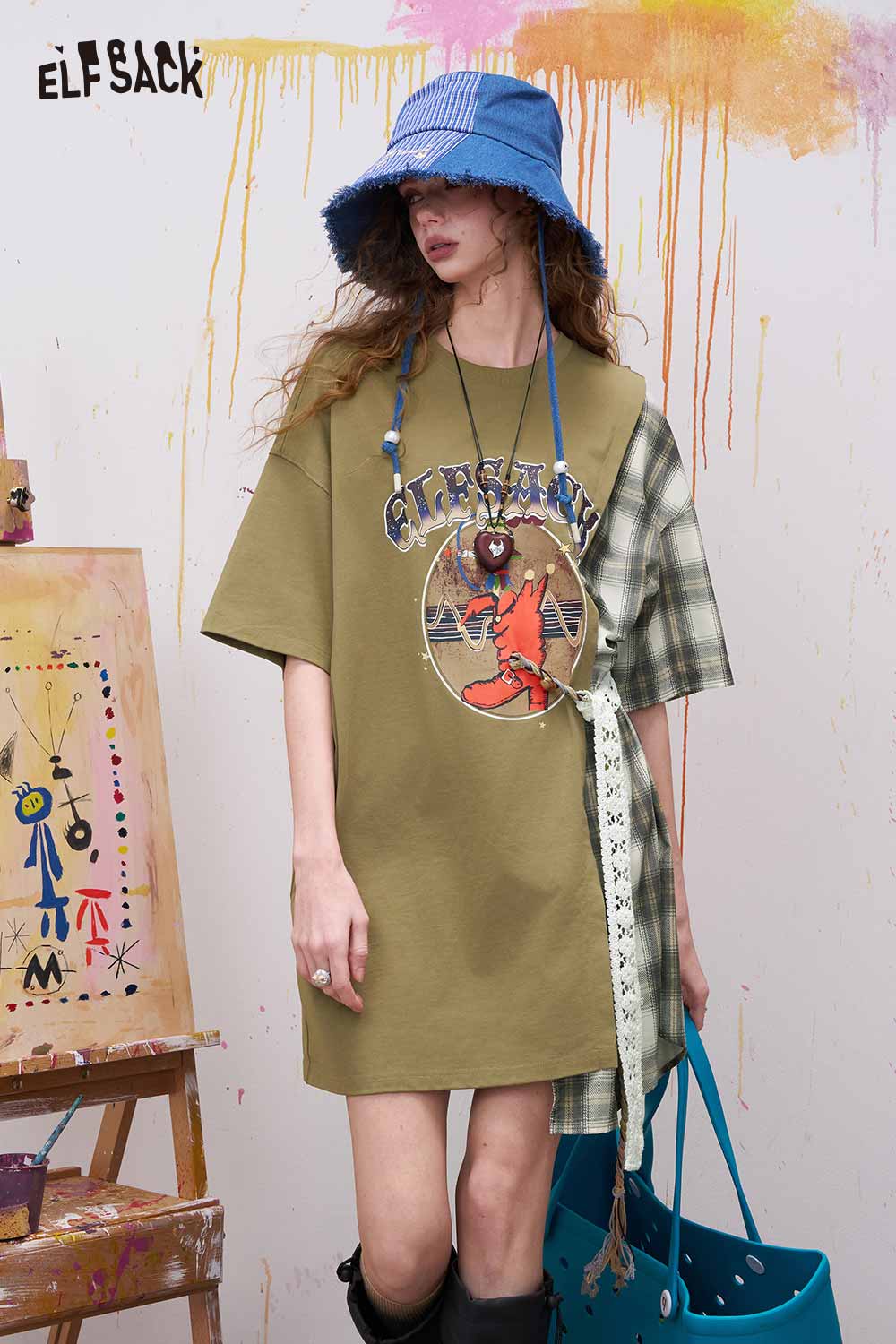 ELFSACK Olive Green Plaid Patchwork T Shirt Dress
