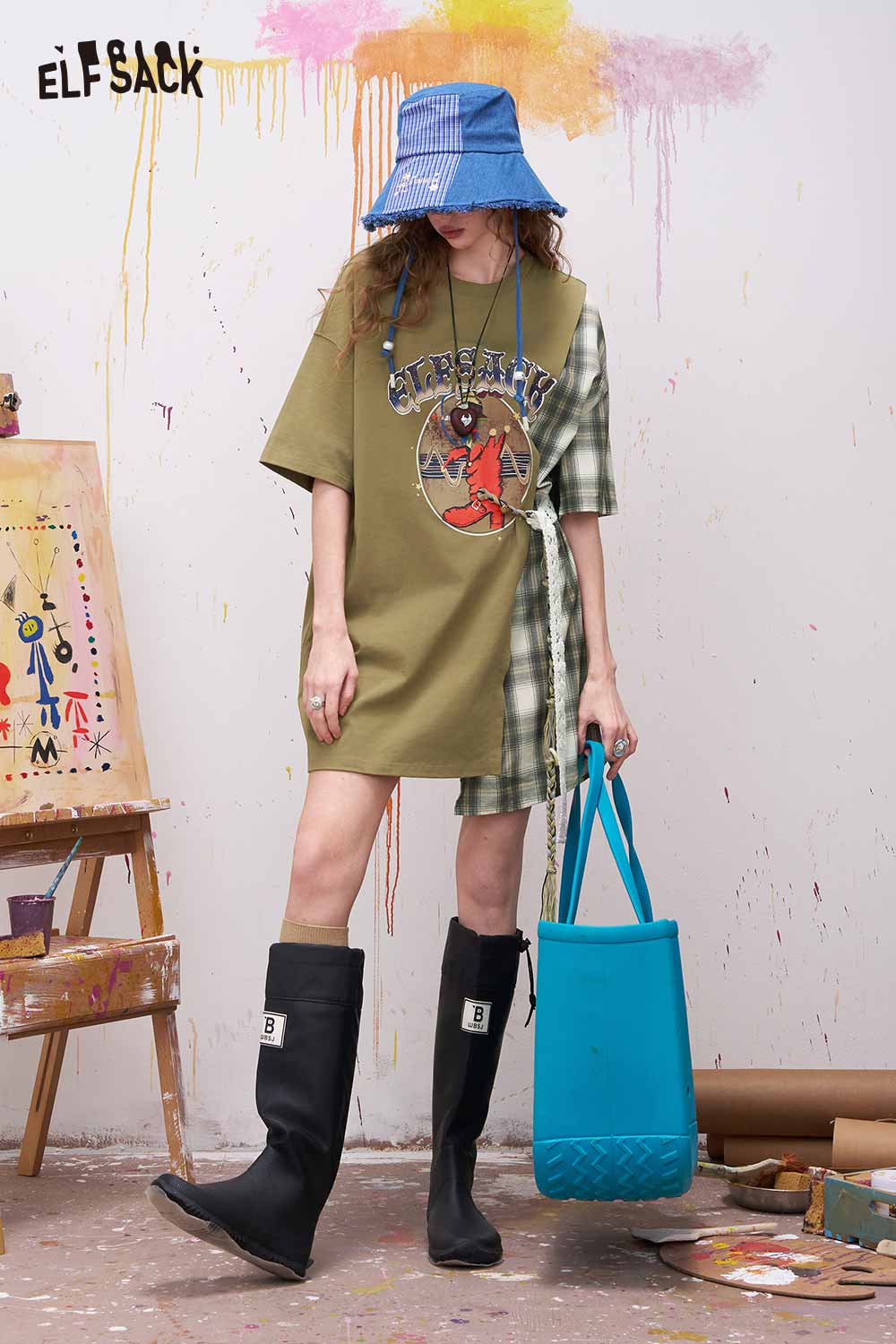 ELFSACK Olive Green Plaid Patchwork T Shirt Dress