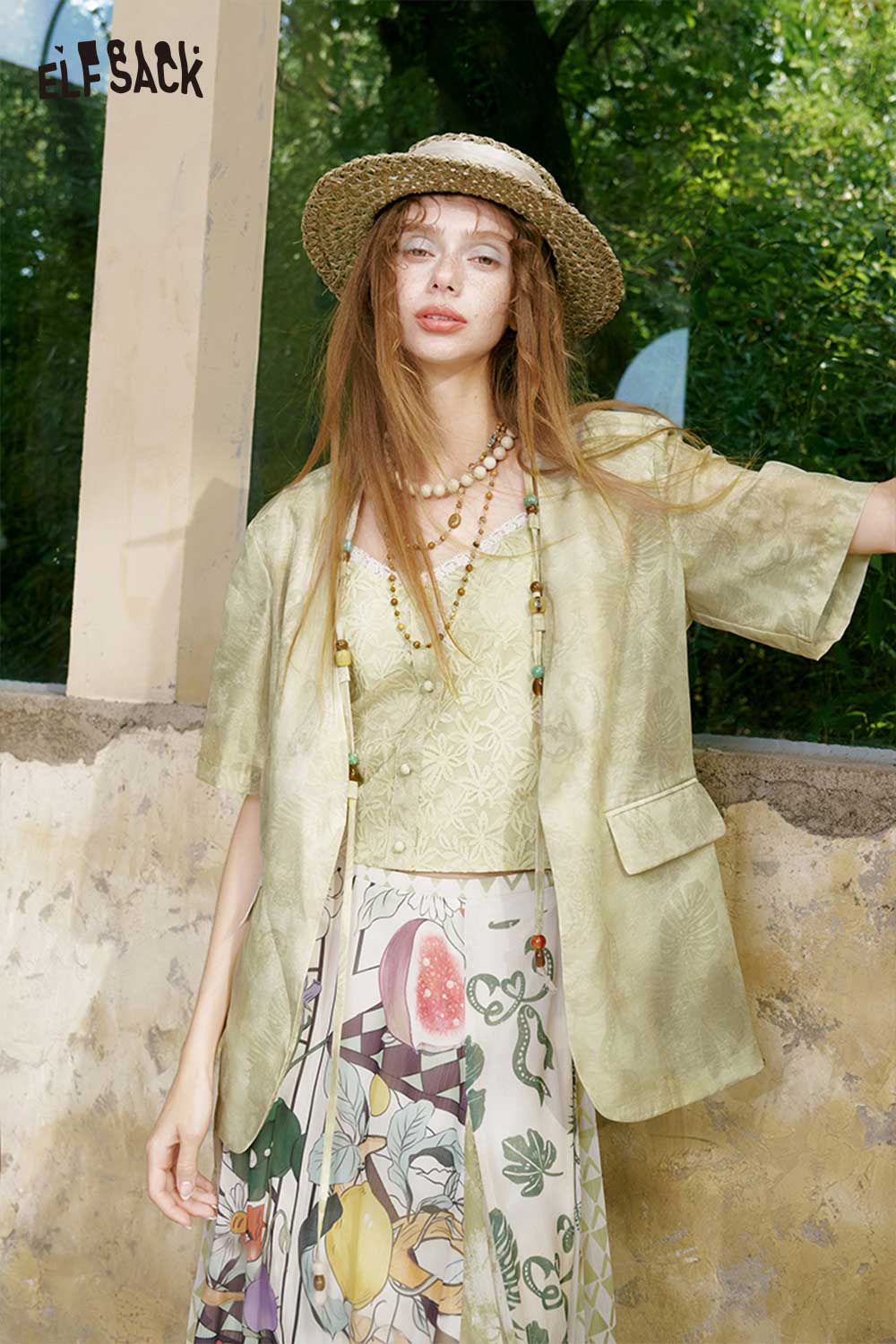 ELFSACK Oriental Jacquard Beaded Short Sleeve Shirt