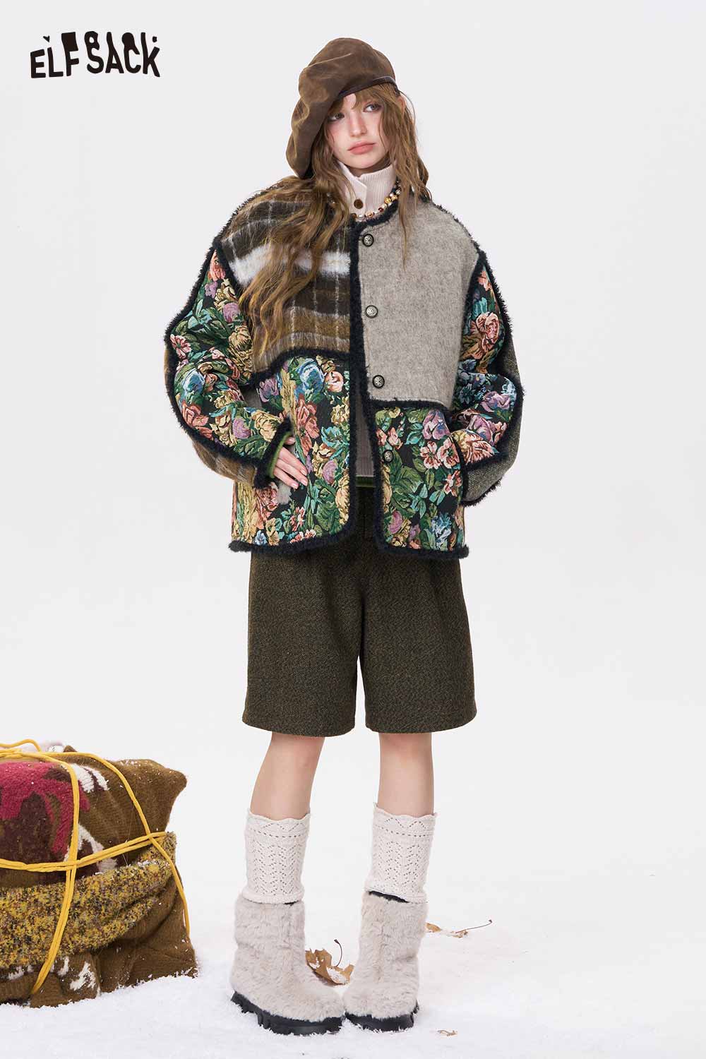 ELFSACK New Oriental Design Patchwork Floral Sleeve Coat