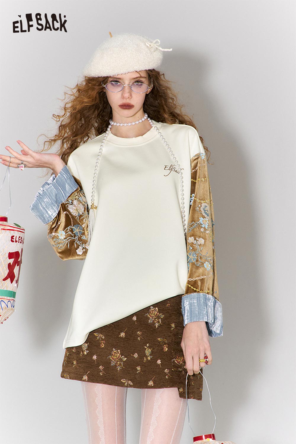 ELFSACK New Oriental Patchwork Velvet Bead Embroidery Round Neck Pullover