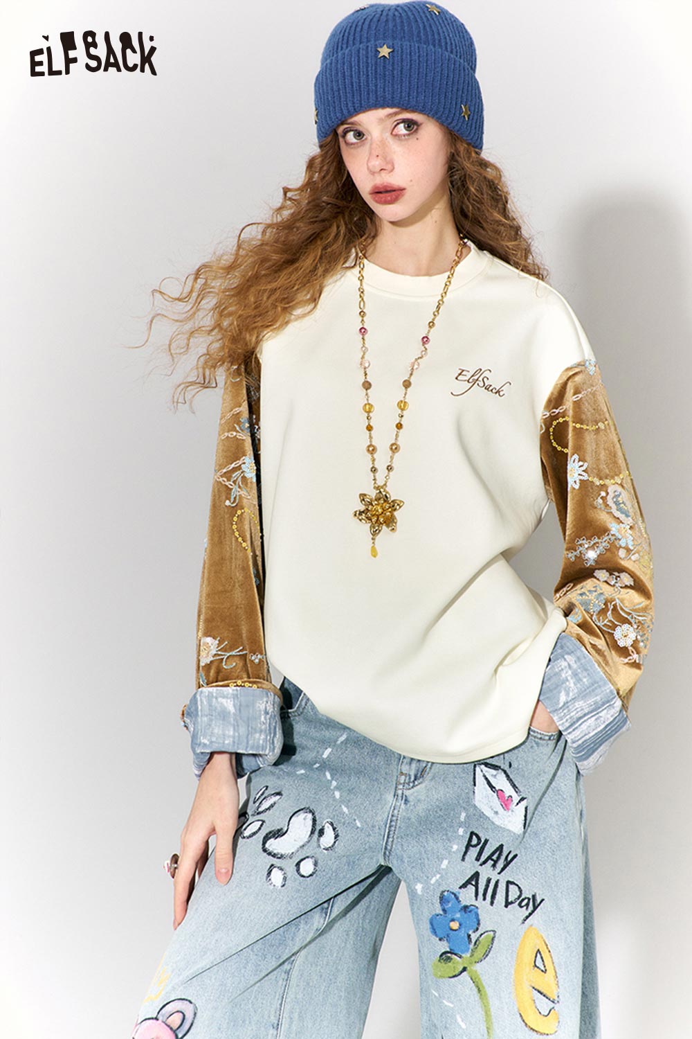 ELFSACK New Oriental Patchwork Velvet Bead Embroidery Round Neck Pullover