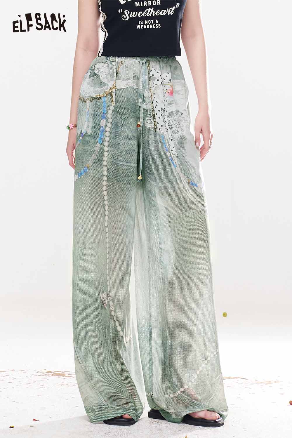 ELFSACK Oriental Pearl Print Wide Leg Pants