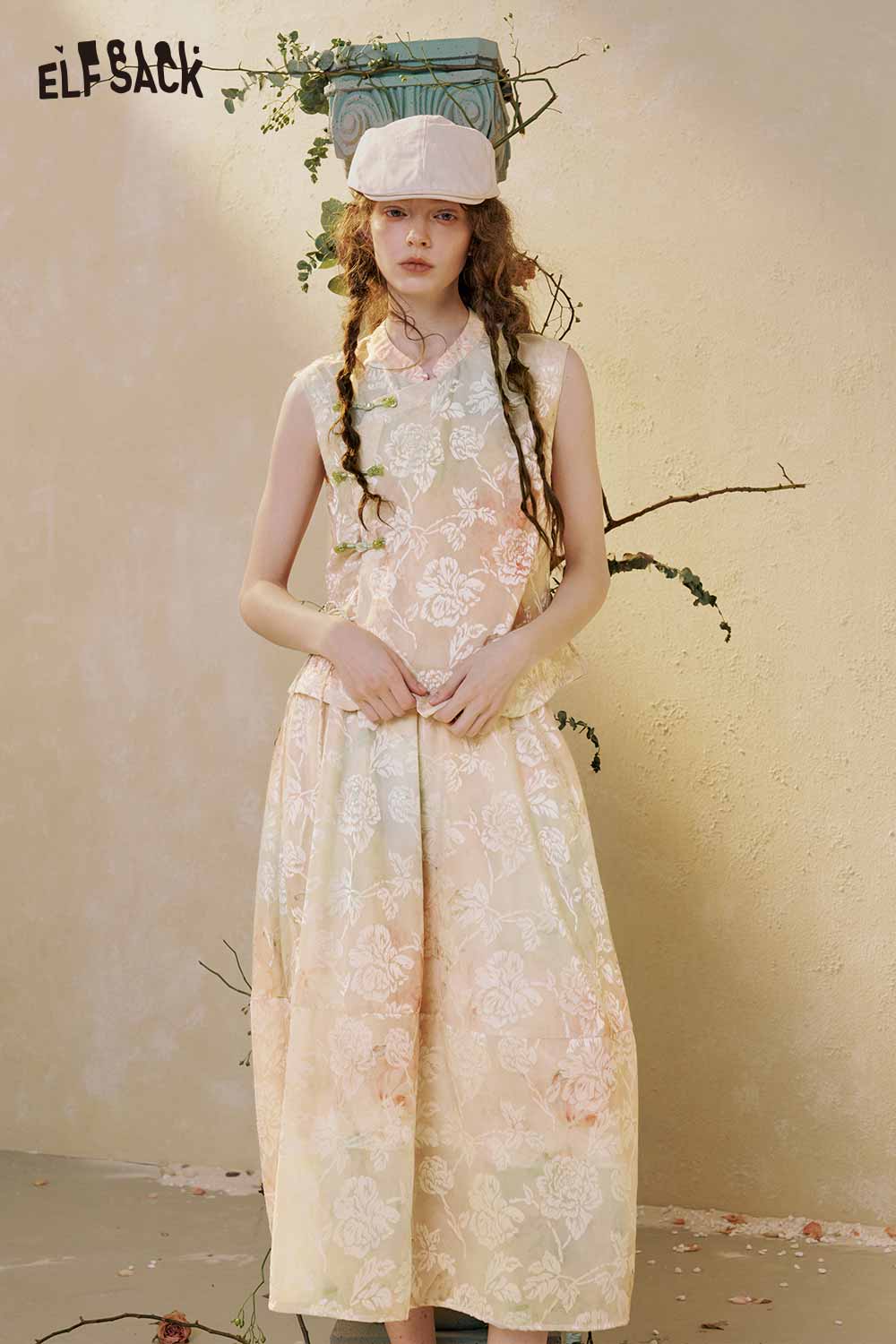 ELFSACK Oriental Print Asymmetrical Skirt Set