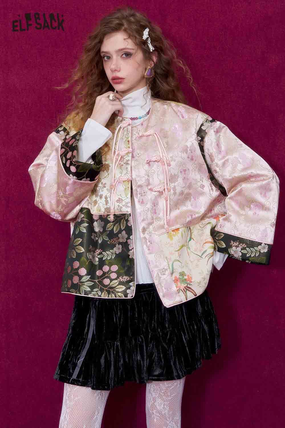 ELFSACK New Oriental Style Satin Jacquard Frog Buttons Short Jacket