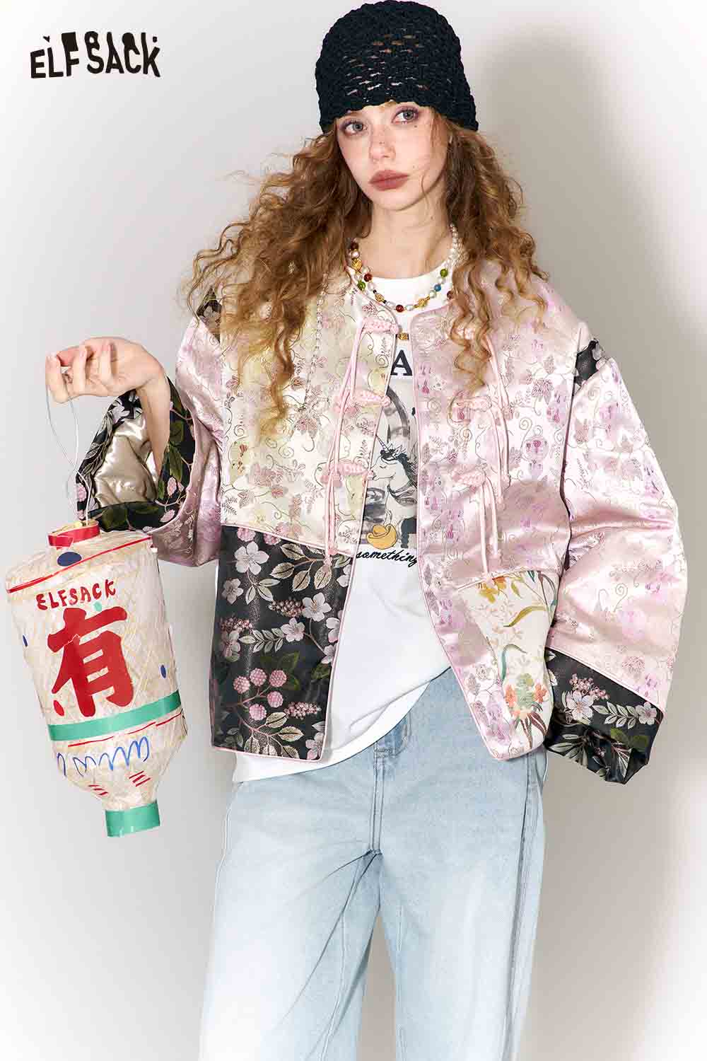 ELFSACK New Oriental Style Satin Jacquard Frog Buttons Short Jacket
