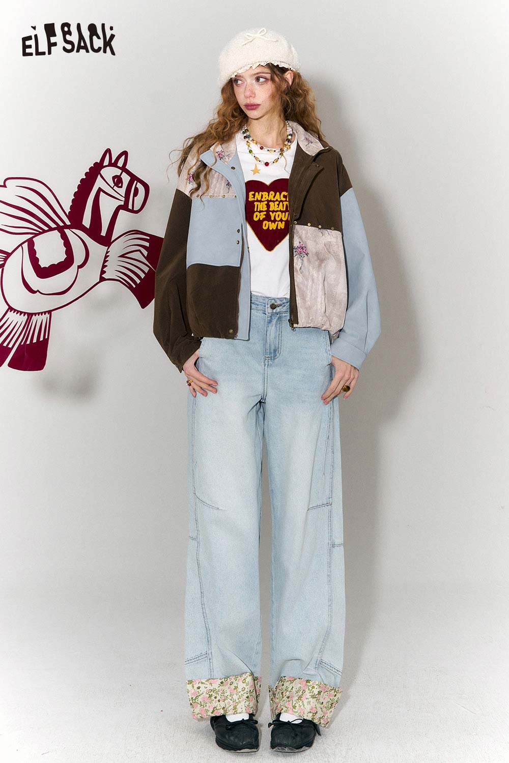ELFSACK New Oriental Style Floral Hem Patch Straight Leg Jeans
