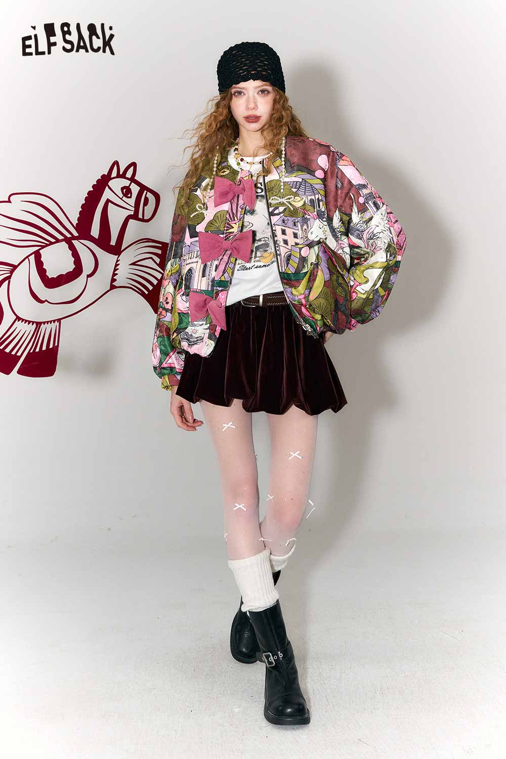 ELFSACK New Oriental Style Oversized Round Neck Bow Padded Jacket