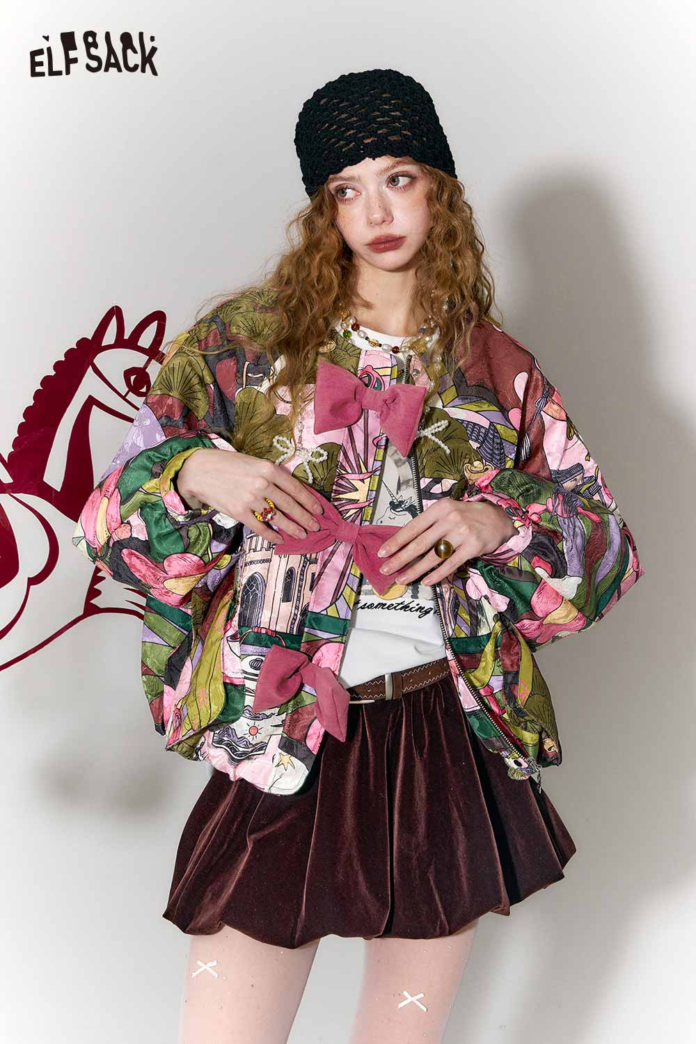 ELFSACK New Oriental Style Oversized Round Neck Bow Padded Jacket