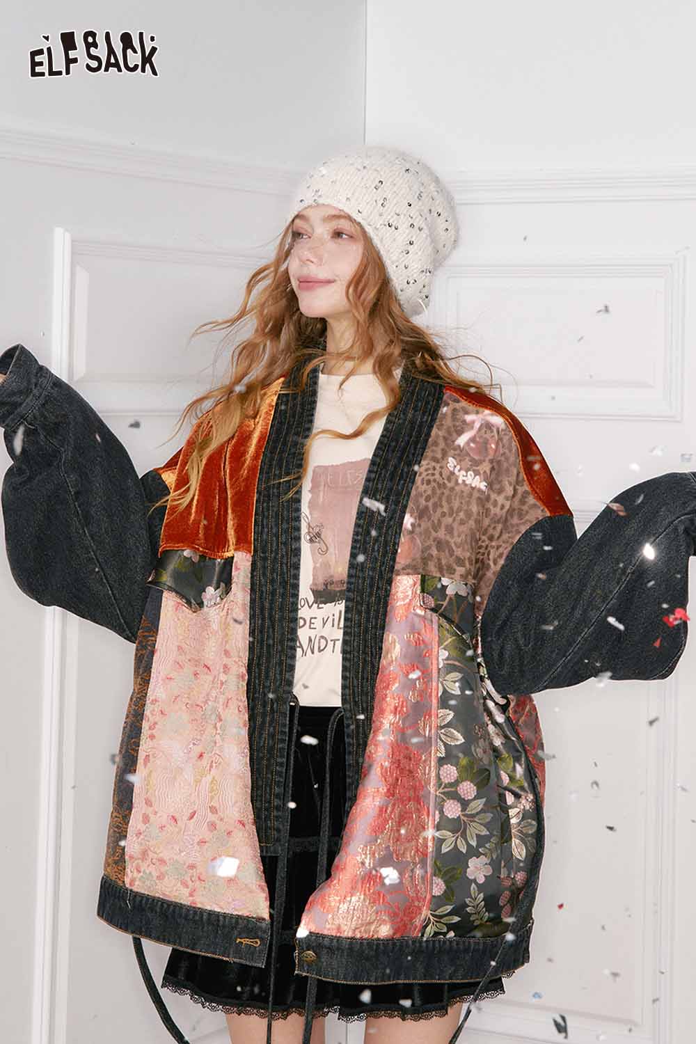 ELFSACK New Oriental Vintage Patchwork Pattern Design Suede Coat