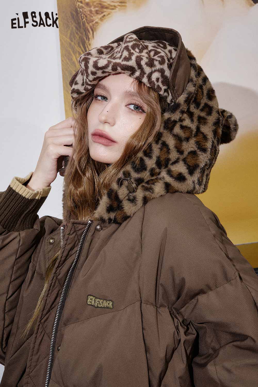 ELFSACK Soft Oversized Hooded Animal Ear Plush Trim Puffer Jacket