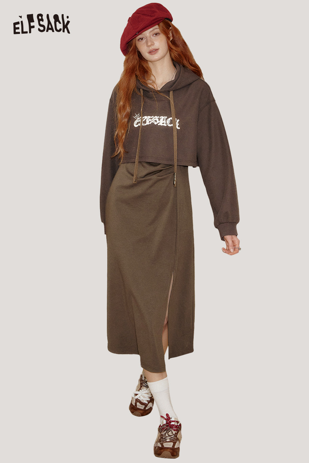 ELFSACK Soft Typography Oversized Silhouette Hoodie Dress