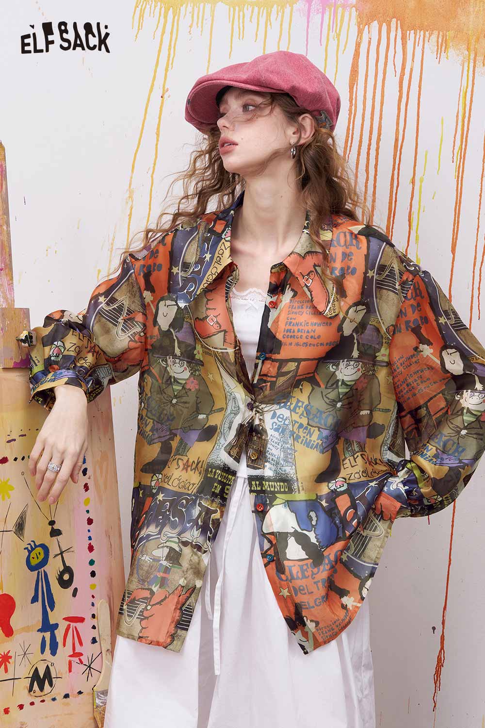 ELFSACK Oversized Novelty Print Shirt with Bow Tie Collar