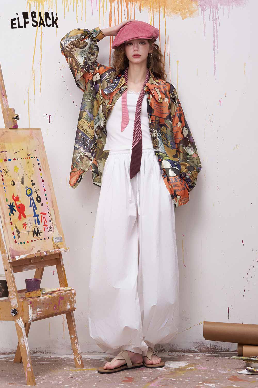 ELFSACK Oversized Novelty Print Shirt with Bow Tie Collar