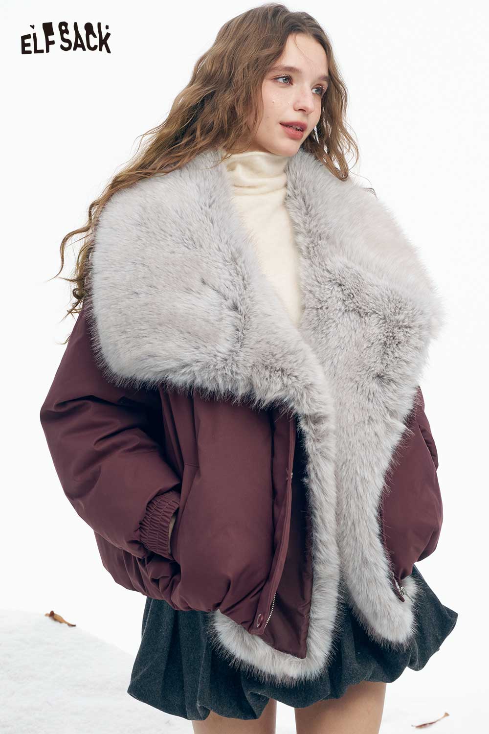 ELFSACK Soft Trend Solid Plush Oversized Lapel Warm Coat