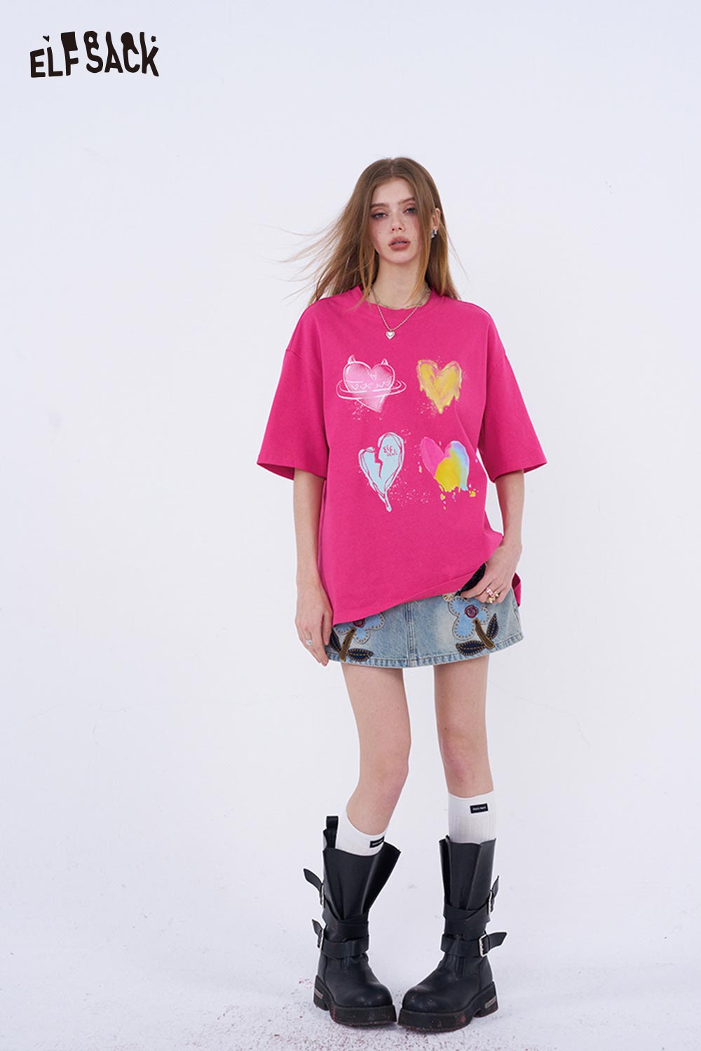 ELFSACK Oversized T Shirt with Colorful Heart Graffiti