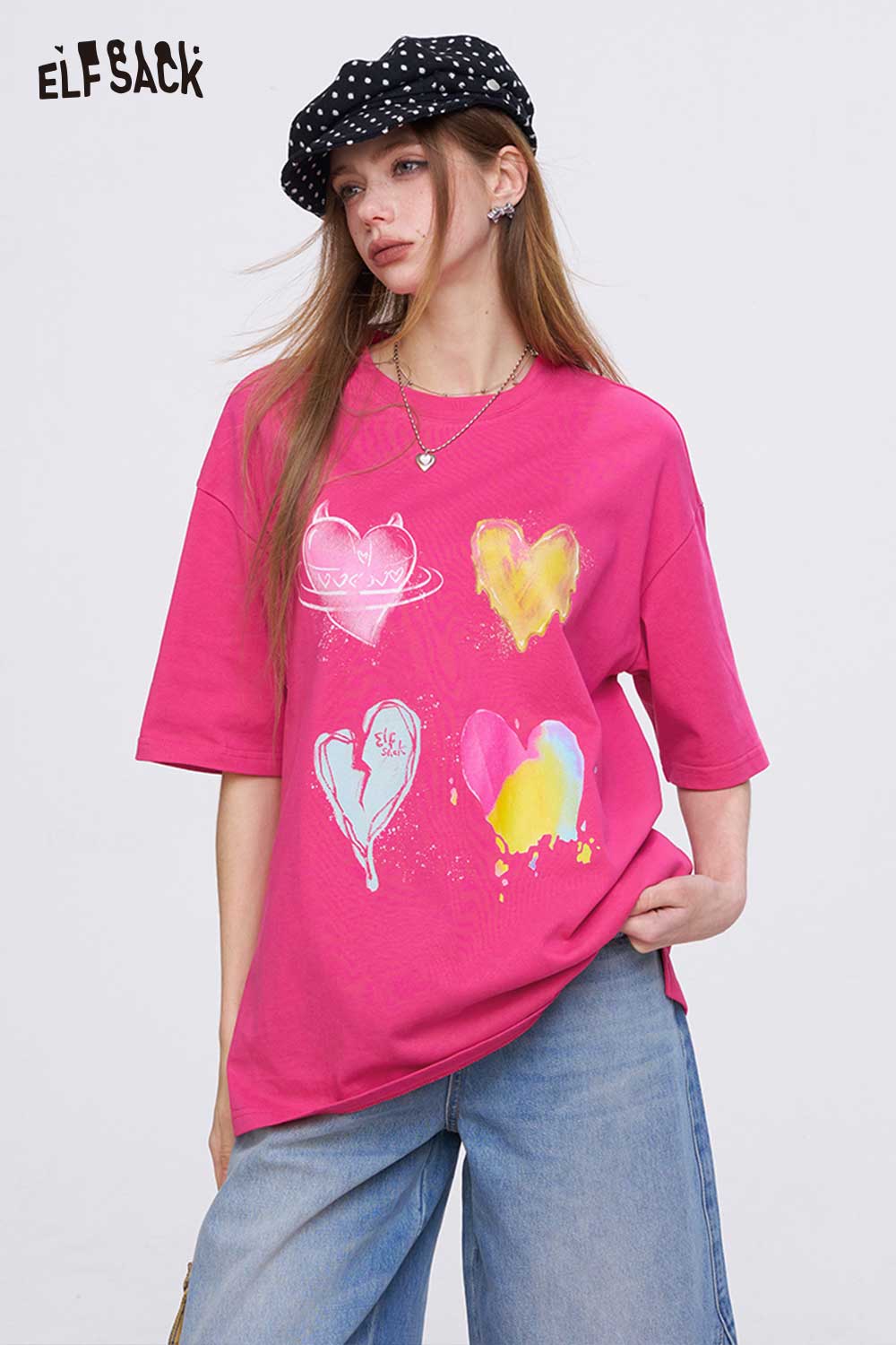 ELFSACK Oversized T Shirt with Colorful Heart Graffiti