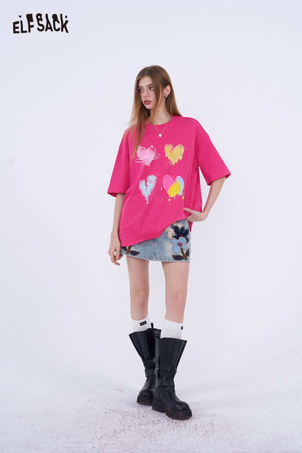 ELFSACK Oversized T Shirt with Colorful Heart Graffiti