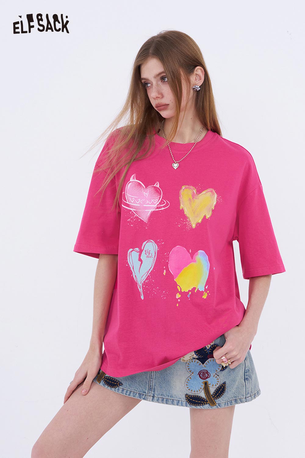 ELFSACK Oversized T Shirt with Colorful Heart Graffiti