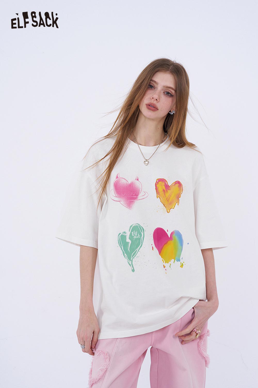 ELFSACK Oversized T Shirt with Colorful Heart Graffiti
