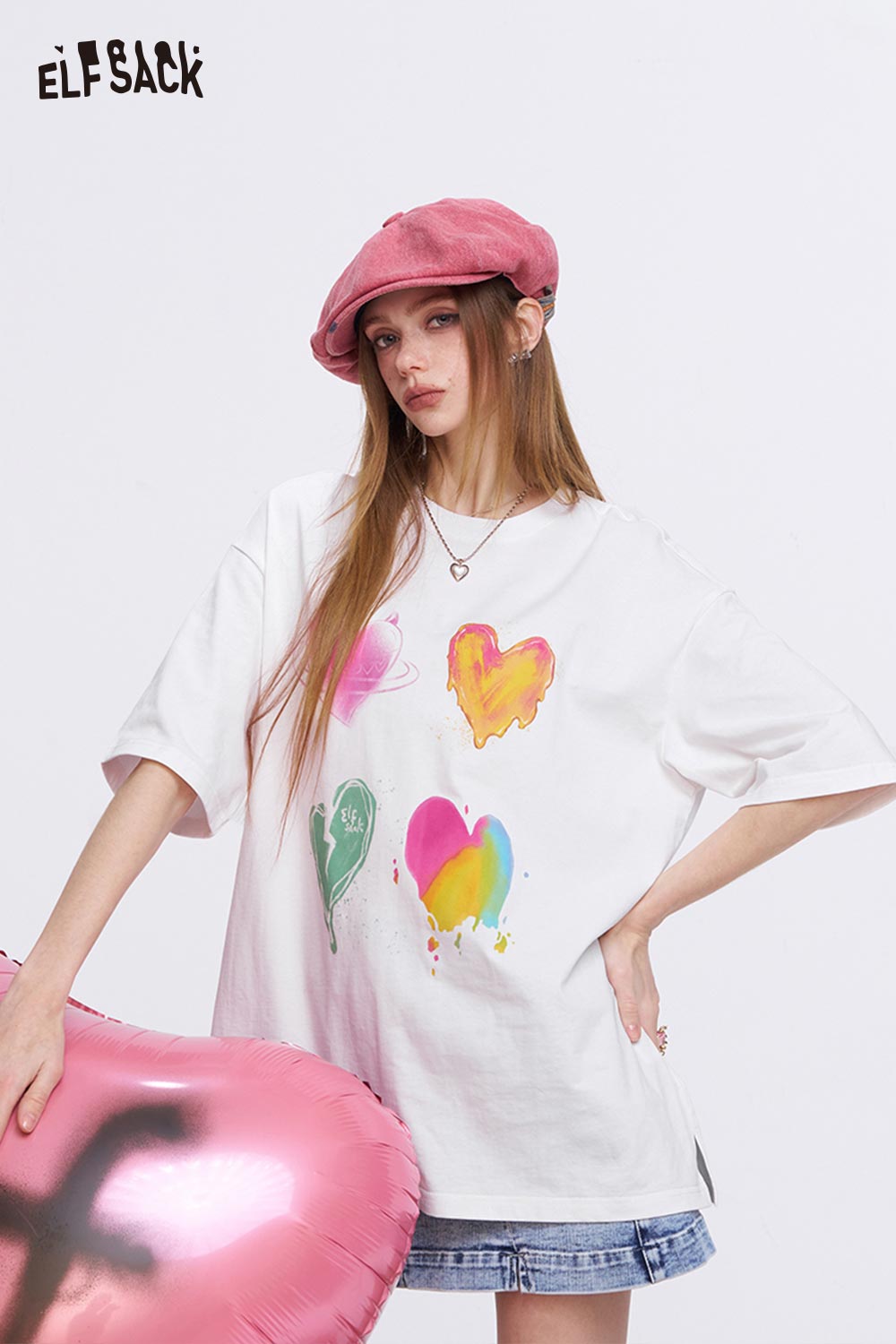 ELFSACK Oversized T Shirt with Colorful Heart Graffiti